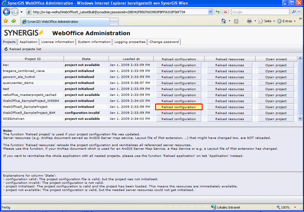 Highlighted Reload configuration button in WebOffice 10 R3 Administration pages