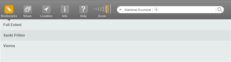 Upper toolbar in WebOffice mobile client (tablet mode) with opened list of geo bookmarks