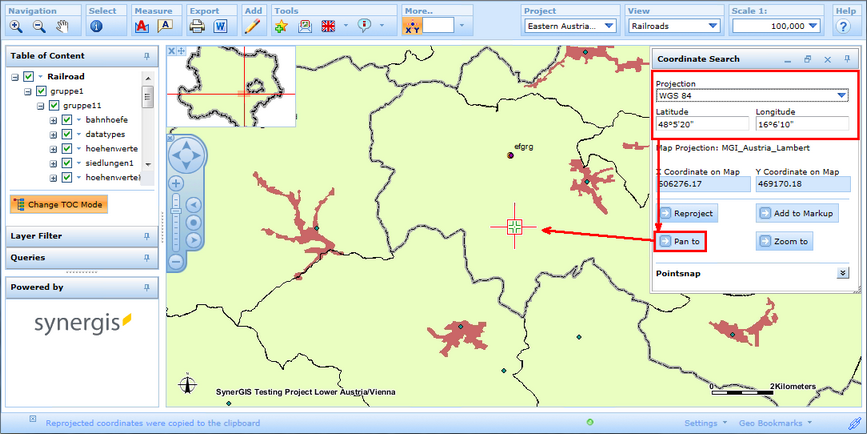 Search for and pan to coordinates in WebOffice html client by entering coordinates