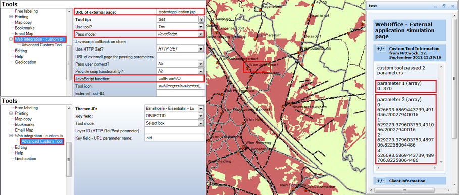 Configuration of testextapplication.jsp with an advanced custom tool to pass two parameters via select box (parameter 1: Object ID of railroad stations, parameter 2: bounding box coordinates)