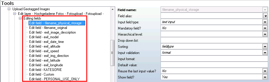 Editing fields inside the tool Upload Geotagged Images