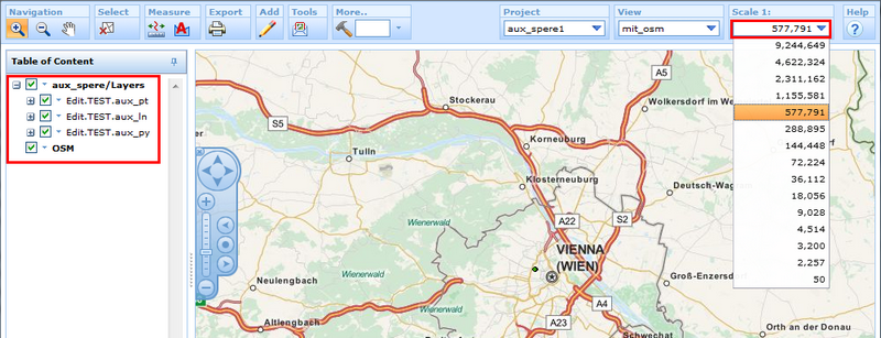 Three editing layers combined with an OSM map service. The cached OSM service is displayed in all scales that are conform with its LOD