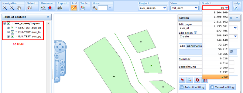 Three editing layers with an OSM map service. Due to the scale 1:50 the cached OSM service is not displayed.