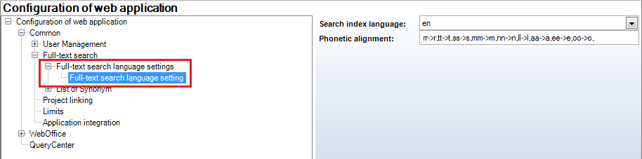 Language settings for the full-text search