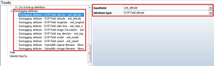 Geotagging attributes configured inside the tool Upload Geotagged Images Geotagging attributes configured inside the tool Upload Geotagged Images
