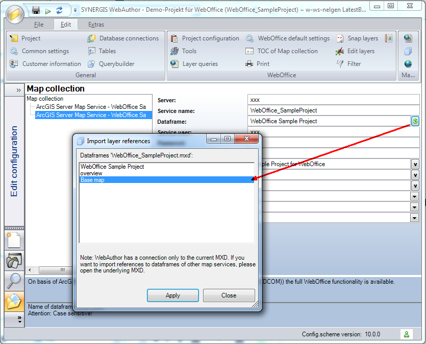 Switching the data frame of a map service - WebOffice author maps category
