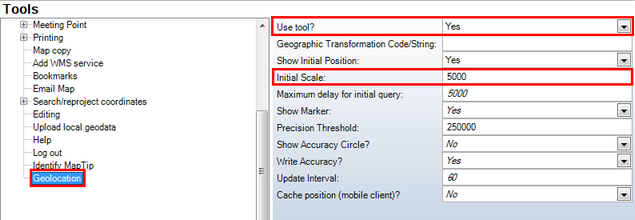 Configuration of an initial scale at the geolocation tool