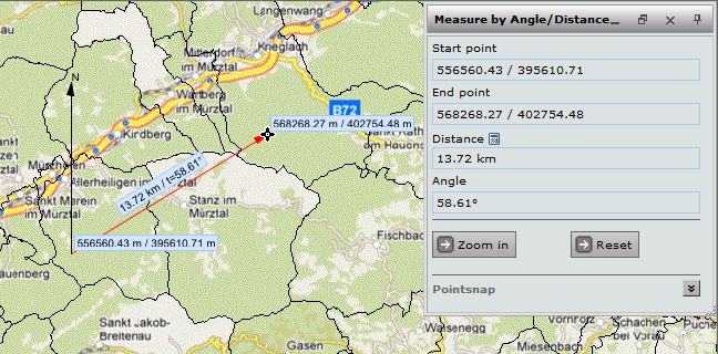 Measure by Angle/Distance tool form and graphic display