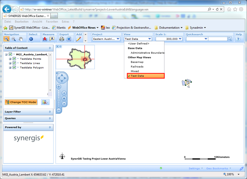 The new created map view refering to a new ArcGIS Server map service/MXD file is now available in the WebOffice html client