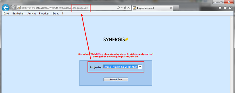 Startup of the WebOffice 10 R3 application without specifying a particular project in German