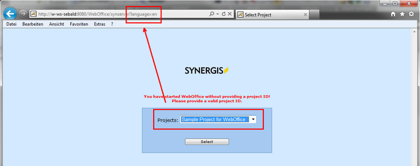 Startup of the WebOffice 10 R3 application without specifying a particular project in English