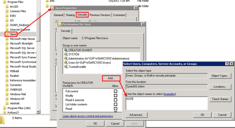 Add "IUSR", "Authentificated User" and "Network Service"