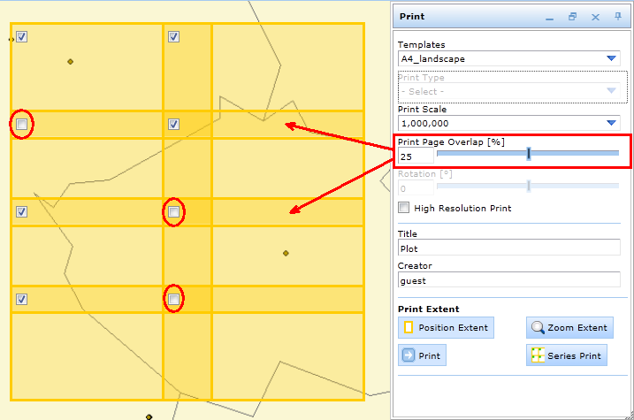 Select the pages to be printed and define a print page overlap - WebOffice html client