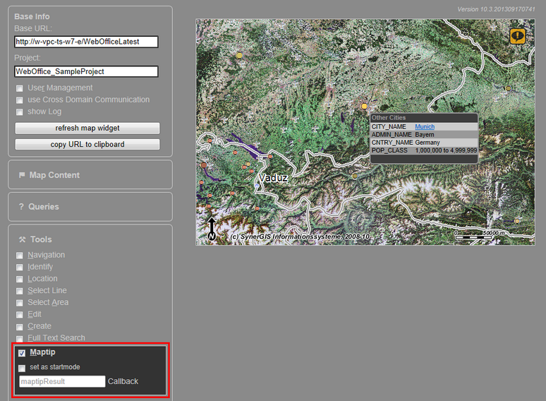 WebOffice map widget test container - Maptip Tool 