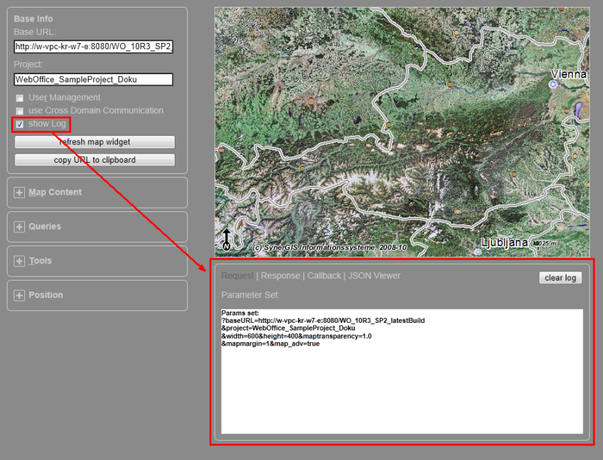 WebOffice map widget test container - Show log WebOffice map widget test container - Show log