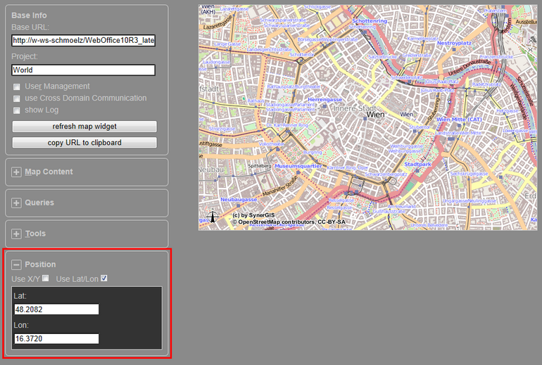 WebOffice map widget test container - Position
