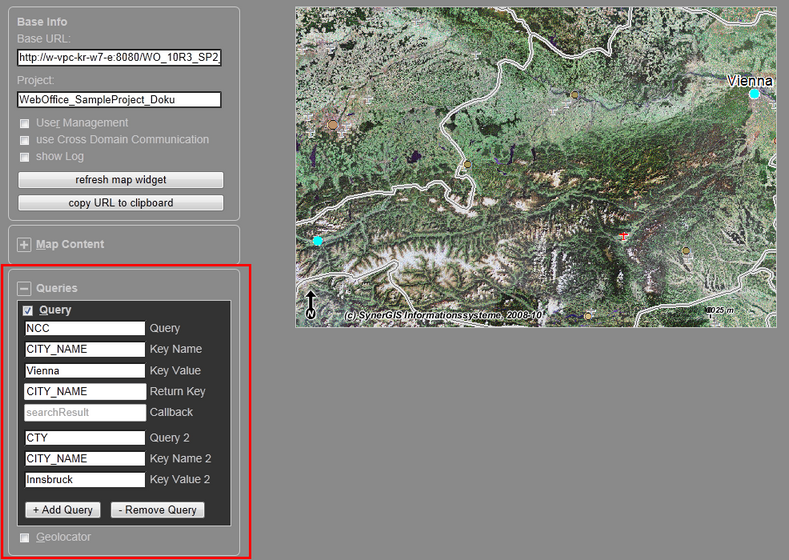 WebOffice map widget test container - Queries