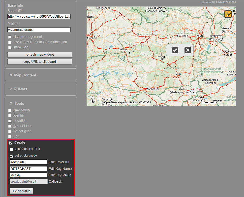 WebOffice map widget test container - Create Tool 