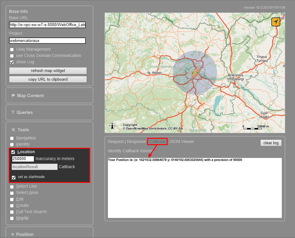 WebOffice map widget test container - Location Tool