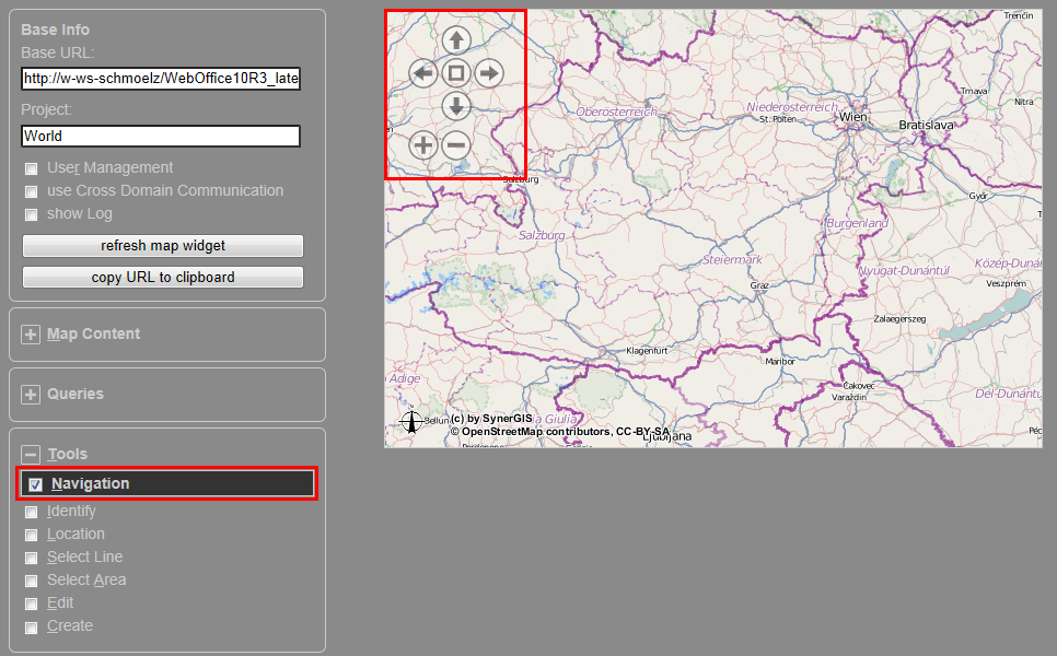 WebOffice map widget test container - Navigation Tool