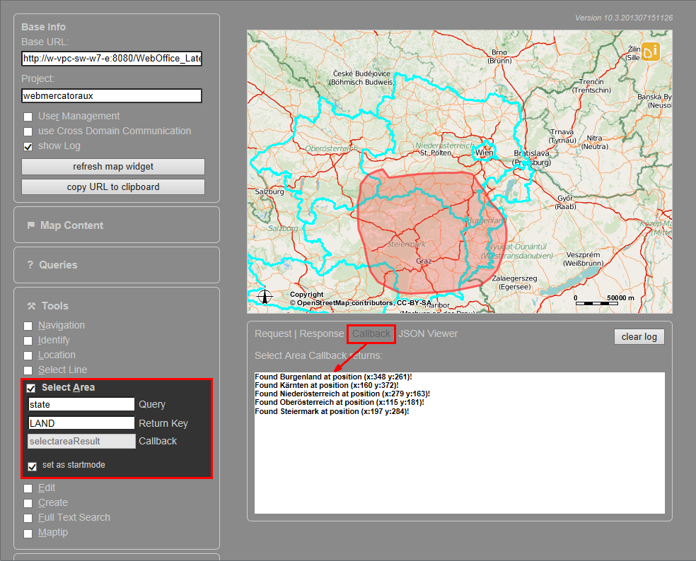 WebOffice map widget test container - Select Area Tool 