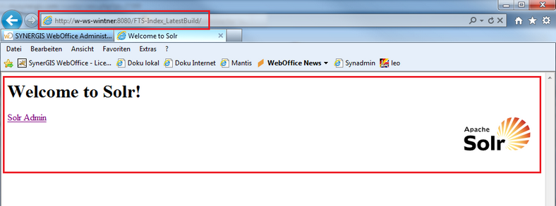 A correct FTS-index URL shows the "Welcome to Solr!" message