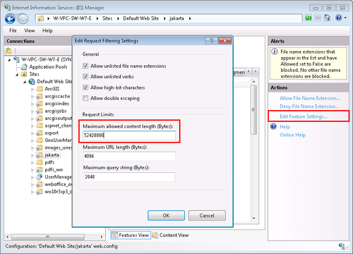 Maximal zulässige Inhaltslänge (Bytes) in der Anforderungsfilterung anpassen