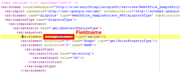 Field name in name property of Field in WFS schema