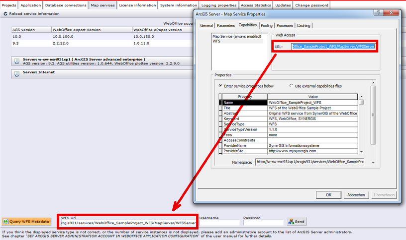 Enter WFS URL in synadmin map services tab