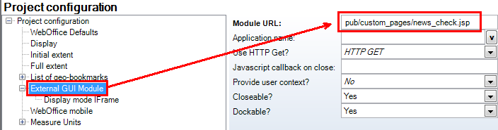 Configuration of the external GUI module 'news_check.jsp'