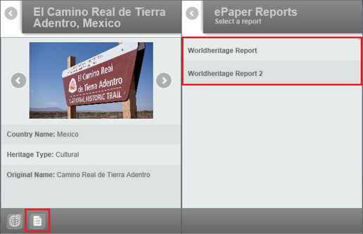 Left: Button to call a ePaper report of a search result / Right: List of available ePaper reports of the search result