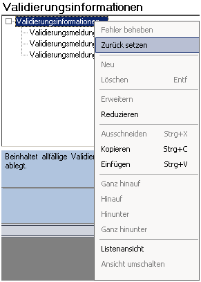 Liste mit Validierungsinformationen zurück setzen