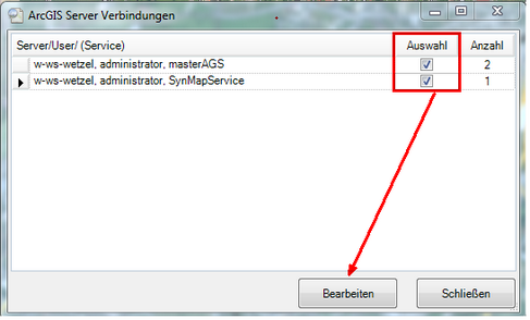 Auswahl der ArcGIS Serververbindungen, welche geändert werden sollen
