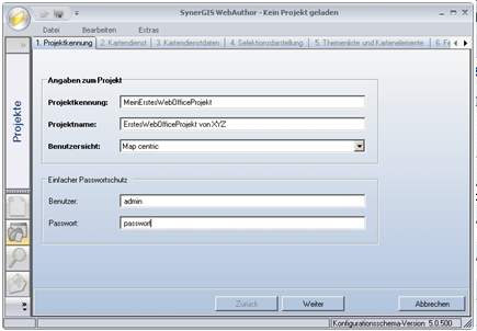 WebOffice 10 R3 Assistent ‚Erstellen eines Projektes‘ - Schritt 1