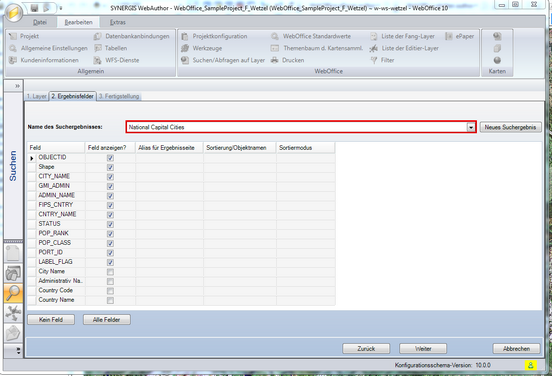 Spezifizierung der Ergebnisfelder für den Layer, der in Schritt 1 selektiert wurde