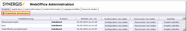 Schaltfläche ‚Projektliste aktualisieren‘ auf den WebOffice 10 R3 Administrationsseiten