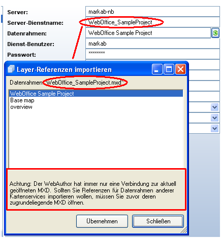 Dialog ‘Layer-Referenzen importieren’ – ‘Server-Dienstname’ und ‘Datenrahmen’ müssen übereinstimmen Dialog ‘Layer-Referenzen importieren’ – ‘Server-Dienstname’ und ‘Datenrahmen’ müssen übereinstimmen
