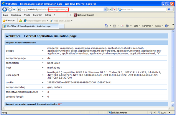 testextapplication.jsp zeigt die HTTP Header Information und gültige Parameter testextapplication.jsp zeigt die HTTP Header Information und gültige Parameter