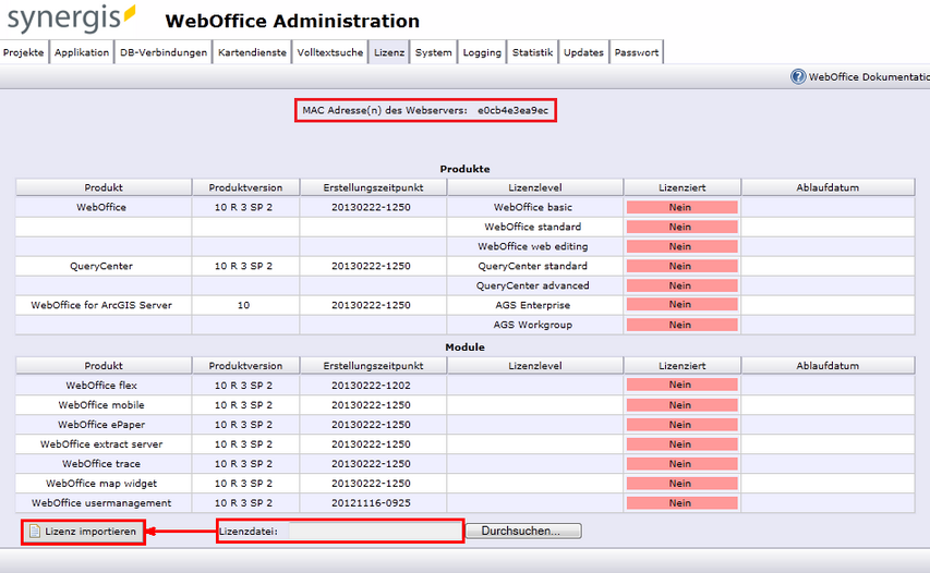 Reiter Lizenzinformation auf den WebOffice 10 R3 Administrationsseiten – MAC Adresse(n)