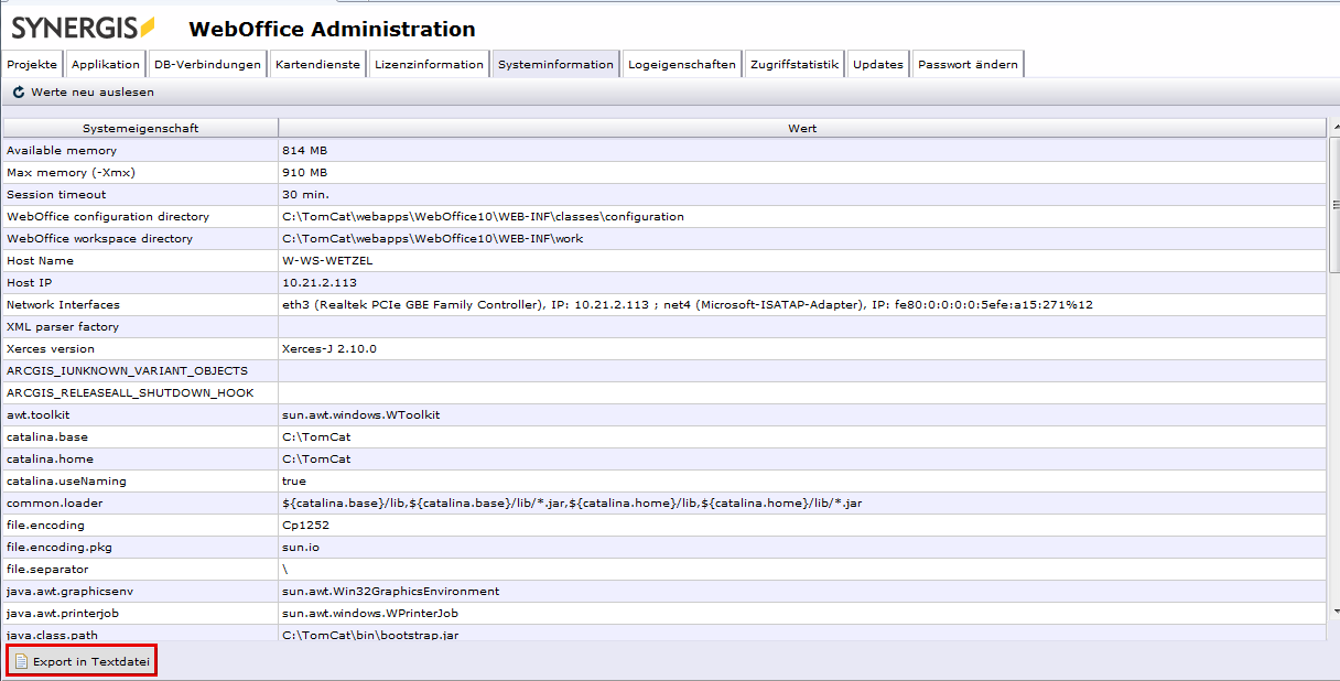 Reiter Systeminformation auf den WebOffice 10 R3 Administrationsseiten Reiter Systeminformation auf den WebOffice 10 R3 Administrationsseiten