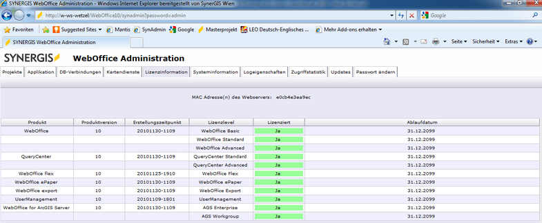 Lizenzinformation auf der WebOffice 10 R3 Administrationsseite Lizenzinformation auf der WebOffice 10 R3 Administrationsseite