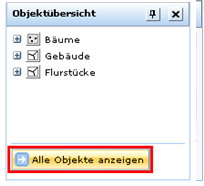 ‚Alle Objekte anzeigen‘ am unteren Rand des Fensters ‚Objektübersicht‘ ‚Alle Objekte anzeigen‘ am unteren Rand des Fensters ‚Objektübersicht‘