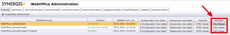 WebOffice 10 R3 Administrations-Seite - 'Flex viewer' button WebOffice 10 R3 Administrations-Seite - 'Flex viewer' button