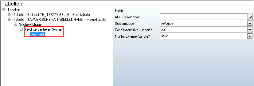 Feldliste der freien Suche und Suchfeld Feldliste der freien Suche und Suchfeld