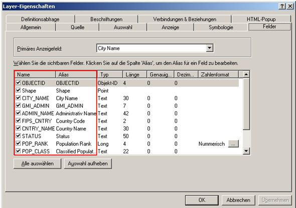 Setzen von ArcMap Aliasnamen in den Layer-Eigenschaften – Reiter Felder Setzen von ArcMap Aliasnamen in den Layer-Eigenschaften – Reiter Felder