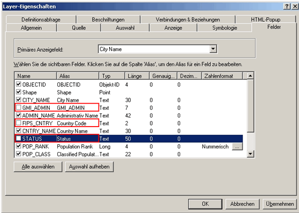 ArcMap Feldsichtbarkeit ArcMap Feldsichtbarkeit