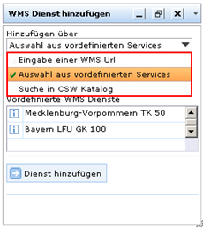 Auswahl, wie der WMS Dienst hinzugefügt werden soll