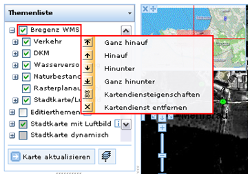 Der zum Themenbaum hinzugefügte WMS Dienst ‚Bregenz WMS' – Kontextmenü