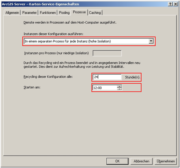 Einträge im Reiter „Prozesse“ des „Karten-Service-Eigenschaften" Dialogs Einträge im Reiter „Prozesse“ des „Karten-Service-Eigenschaften" Dialogs