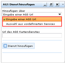 Auswahl, wie ein ArcGIS Server Internet Dienst hinzugefügt werden soll Auswahl, wie ein ArcGIS Server Internet Dienst hinzugefügt werden soll